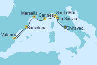 Visitando Civitavecchia (Roma), La Spezia, Florencia y Pisa (Italia), Santa Margarita (Italia), Cannes (Francia), Marsella (Francia), Valencia, Barcelona