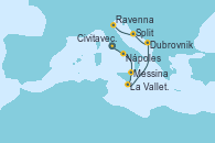 Visitando Civitavecchia (Roma), Nápoles (Italia), Messina (Sicilia), La Valletta (Malta), Dubrovnik (Croacia), Split (Croacia), Ravenna (Italia)