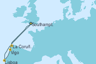 Visitando Southampton (Inglaterra), La Coruña (Galicia/España), Lisboa (Portugal), Lisboa (Portugal), Vigo (España), Southampton (Inglaterra)