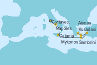 Visitando Civitavecchia (Roma), Nápoles (Italia), Catania (Sicilia), Santorini (Grecia), Kusadasi (Efeso/Turquía), Mykonos (Grecia), Atenas (Grecia)