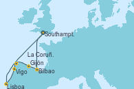 Visitando Southampton (Inglaterra), Bilbao (España), Gijón (Asturias/España), La Coruña (Galicia/España), Lisboa (Portugal), Vigo (España), Southampton (Inglaterra)