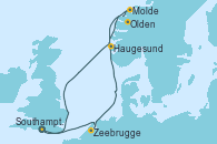 Visitando Southampton (Inglaterra), Zeebrugge (Bruselas), Olden (Noruega), Molde (Noruega), Haugesund (Noruega), Southampton (Inglaterra)