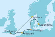 Visitando Southampton (Inglaterra), Kristiansand (Noruega), Copenhague (Dinamarca), Hamburgo (Alemania), Rotterdam (Holanda), Southampton (Inglaterra)