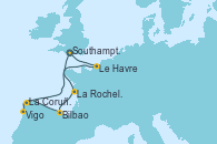 Visitando Southampton (Inglaterra), La Rochelle (Francia), Bilbao (España), La Coruña (Galicia/España), Vigo (España), Le Havre (Francia), Southampton (Inglaterra)