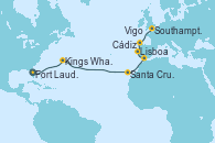 Visitando Fort Lauderdale (Florida/EEUU), Kings Wharf (Bermudas), Santa Cruz de Tenerife (España), Cádiz (España), Lisboa (Portugal), Vigo (España), Southampton (Inglaterra)