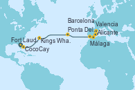 Visitando Fort Lauderdale (Florida/EEUU), CocoCay (Bahamas), Kings Wharf (Bermudas), Ponta Delgada (Azores), Málaga, Alicante (España), Valencia, Barcelona