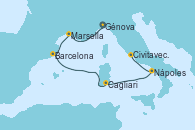 Visitando Génova (Italia), Marsella (Francia), Barcelona, Cagliari (Cerdeña), Nápoles (Italia), Civitavecchia (Roma)