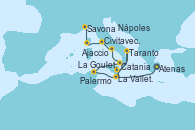 Visitando Atenas (Grecia), La Valletta (Malta), Catania (Sicilia), Taranto (Italia), La Valletta (Malta), La Goulette (Tunez), Palermo (Italia), Nápoles (Italia), Civitavecchia (Roma), Ajaccio (Córcega), Savona (Italia)