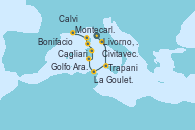 Visitando Génova (Italia), Livorno, Pisa y Florencia (Italia), Civitavecchia (Roma), Trapani (Italia), La Goulette (Tunez), Cagliari (Cerdeña), Golfo Aranci (Cerdeña), Bonifacio (Córcega/Francia), Calvi (Córcega), Montecarlo (Mónaco)