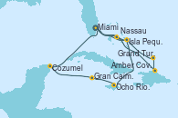 Visitando Miami (Florida/EEUU), Isla Pequeña (San Salvador/Bahamas), Ocho Ríos (Jamaica), Gran Caimán (Islas Caimán), Cozumel (México), Miami (Florida/EEUU), Nassau (Bahamas), Amber Cove (República Dominicana), Grand Turks(Turks & Caicos), Isla Pequeña (San Salvador/Bahamas), Miami (Florida/EEUU)