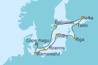 Visitando Copenhague (Dinamarca), Warnemunde (Alemania), Roenne (Dinamarca), Visby (Suecia), Riga (Letonia), Tallin (Estonia), Kotka (Finlandia), Estocolmo (Suecia), Estocolmo (Suecia), Copenhague (Dinamarca)