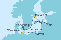 Visitando Copenhague (Dinamarca), Karlskrona (Suecia), Warnemunde (Alemania), Gdynia (Polonia), Visby (Suecia), Riga (Letonia), Estocolmo (Suecia), Copenhague (Dinamarca)