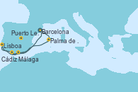 Visitando Barcelona, Palma de Mallorca (España), Lisboa (Portugal), Puerto Leixões (Portugal), Cádiz (España), Málaga, Barcelona