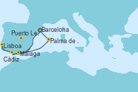 Visitando Barcelona, Cádiz (España), Lisboa (Portugal), Puerto Leixões (Portugal), Málaga, Palma de Mallorca (España), Barcelona