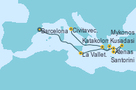 Visitando Barcelona, La Valletta (Malta), Atenas (Grecia), Santorini (Grecia), Kusadasi (Efeso/Turquía), Mykonos (Grecia), Katakolon (Olimpia/Grecia), Civitavecchia (Roma)