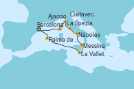 Visitando Barcelona, Palma de Mallorca (España), La Valletta (Malta), Messina (Sicilia), Nápoles (Italia), Civitavecchia (Roma), La Spezia, Florencia y Pisa (Italia), Ajaccio (Córcega), Barcelona