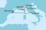 Visitando Barcelona, Civitavecchia (Roma), La Spezia, Florencia y Pisa (Italia), La Spezia, Florencia y Pisa (Italia), Portofino (Italia), Niza (Francia), Marsella (Francia), Barcelona