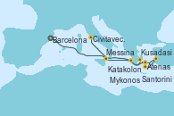 Visitando Barcelona, Messina (Sicilia), Atenas (Grecia), Santorini (Grecia), Kusadasi (Efeso/Turquía), Mykonos (Grecia), Katakolon (Olimpia/Grecia), Civitavecchia (Roma)