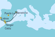 Visitando Barcelona, Lisboa (Portugal), Lisboa (Portugal), Puerto Leixões (Portugal), Cádiz (España), Tánger (Marruecos), Barcelona