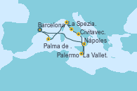 Visitando Barcelona, Palma de Mallorca (España), La Spezia, Florencia y Pisa (Italia), Civitavecchia (Roma), Nápoles (Italia), La Valletta (Malta), Palermo (Italia), Barcelona