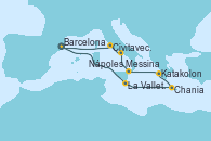 Visitando Barcelona, La Valletta (Malta), Chania (Creta/Grecia), Katakolon (Olimpia/Grecia), Messina (Sicilia), Nápoles (Italia), Civitavecchia (Roma), Barcelona