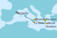 Visitando Barcelona, La Valletta (Malta), Messina (Sicilia), Heraklion (Creta), Nauplion (Grecia), Atenas (Grecia)