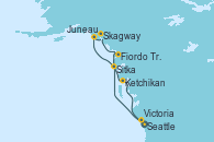 Visitando Seattle (Washington/EEUU), Sitka (Alaska), Juneau (Alaska), Skagway (Alaska), Fiordo Tracy Arm (Alaska), Ketchikan (Alaska), Victoria (Canadá), Seattle (Washington/EEUU)