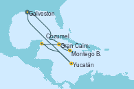 Visitando Galveston (Texas), Montego Bay (Jamaica), Gran Caimán (Islas Caimán), Cozumel (México), Yucatán (Progreso/México), Galveston (Texas)