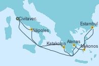 Visitando Civitavecchia (Roma), Estambul (Turquía), Mykonos (Grecia), Atenas (Grecia), Katakolon (Olimpia/Grecia), Nápoles (Italia), Civitavecchia (Roma)