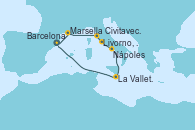 Visitando Barcelona, Marsella (Francia), Livorno, Pisa y Florencia (Italia), Civitavecchia (Roma), Nápoles (Italia), La Valletta (Malta), Barcelona