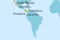 Visitando Mobile (Alabama), Cartagena de Indias (Colombia), Canal Panamá, Puntarenas (Costa Rica), Cabo San Lucas (México), Seattle (Washington/EEUU)