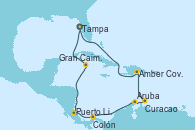 Visitando Tampa (Florida), Gran Caimán (Islas Caimán), Puerto Limón (Costa Rica), Colón (Panamá), Aruba (Antillas), Curacao (Antillas), Amber Cove (República Dominicana), Tampa (Florida)