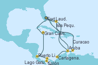 Visitando Fort Lauderdale (Florida/EEUU), Curacao (Antillas), Curacao (Antillas), Aruba (Antillas), Isla Pequeña (San Salvador/Bahamas), Fort Lauderdale (Florida/EEUU), Isla Pequeña (San Salvador/Bahamas), Aruba (Antillas), Cartagena de Indias (Colombia), Lago Gatun (Panamá), Colón (Panamá), Puerto Limón (Costa Rica), Gran Caimán (Islas Caimán), Fort Lauderdale (Florida/EEUU)