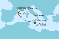 Visitando La Valletta (Malta), Barcelona, Marsella (Francia), Génova (Italia), Nápoles (Italia), Messina (Sicilia), La Valletta (Malta)