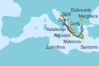 Visitando Bari (Italia), Mykonos (Grecia), Santorini (Grecia), Katakolon (Olimpia/Grecia), Marghera (Venecia/Italia), Bari (Italia), Corfú (Grecia), Argostoli (Grecia), Zakinthos (Grecia), Dubrovnik (Croacia), Split (Croacia), Marghera (Venecia/Italia), Bari (Italia)