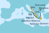 Visitando Marghera (Venecia/Italia), Bari (Italia), Mykonos (Grecia), Santorini (Grecia), Katakolon (Olimpia/Grecia), Marghera (Venecia/Italia), Bari (Italia), Corfú (Grecia), Argostoli (Grecia), Zakinthos (Grecia), Dubrovnik (Croacia), Split (Croacia), Marghera (Venecia/Italia)