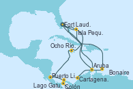 Visitando Fort Lauderdale (Florida/EEUU), Bonaire (Países Bajos), Aruba (Antillas), Aruba (Antillas), Isla Pequeña (San Salvador/Bahamas), Fort Lauderdale (Florida/EEUU), Isla Pequeña (San Salvador/Bahamas), Aruba (Antillas), Cartagena de Indias (Colombia), Lago Gatun (Panamá), Colón (Panamá), Puerto Limón (Costa Rica), Ocho Ríos (Jamaica), Fort Lauderdale (Florida/EEUU)