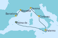 Visitando Palma de Mallorca (España), Palermo (Italia), Civitavecchia (Roma), Savona (Italia), Marsella (Francia), Barcelona