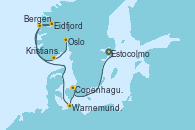 Visitando Estocolmo (Suecia), Copenhague (Dinamarca), Warnemunde (Alemania), Eidfjord (Hardangerfjord/Noruega), Bergen (Noruega), Kristiansand (Noruega), Oslo (Noruega)