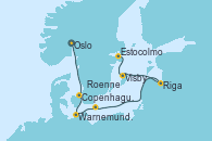 Visitando Oslo (Noruega), Copenhague (Dinamarca), Warnemunde (Alemania), Roenne (Dinamarca), Riga (Letonia), Visby (Suecia), Estocolmo (Suecia)