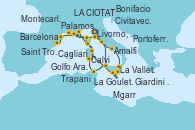 Visitando Génova (Italia), Livorno, Pisa y Florencia (Italia), Civitavecchia (Roma), Trapani (Italia), La Goulette (Tunez), Cagliari (Cerdeña), Golfo Aranci (Cerdeña), Bonifacio (Córcega/Francia), Calvi (Córcega), Montecarlo (Mónaco), Portoferraio (Italia), Amalfi (Italia), Giardini Naxos (Italia), La Valletta (Malta), Mgarr (Malta), La Valletta (Malta), Saint Tropez (Francia), LA CIOTAT, Palamos (Gerona/España), Barcelona