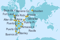 Visitando Fort Lauderdale (Florida/EEUU), Santo Domingo (República Dominicana), Santa Marta (Colombia), Puerto Limón (Costa Rica), Fuerte Amador (Panamá), Fuerte Amador (Panamá), Manta (Ecuador), Banana Coast (Trujillo/Honduras), Lima (Callao/Perú), Lima (Callao/Perú), Pisco (Perú), Arica (Chile), Antofagasta (Chile), San Antonio (Chile), Isla Robinson Crusoe (Chile), Puerto Montt (Chile), Castro (Chile), Puerto Chacabuco (Chile), Punta Arenas (Chile), Ushuaia (Argentina), Stanley (Malvinas), Puerto Madryn (Argentina), Montevideo (Uruguay), Buenos aires, Buenos aires, Punta del Este (Uruguay), Río de Janeiro (Brasil), Río de Janeiro (Brasil), Armacao dos Buzios (Brasil), Salvador de Bahía (Brasil), Maceió (Brasil), Recife (Brasil), Fortaleza (Brasil), Santarem (Brasil), Boca da Valeria (Amazonas), Manaos (Brasil), Manaos (Brasil), Parintins (Brasil), Alter do Chao (Brasil), Isla del Diablo (Guyana Francesa/Francia), Mindelo (Cabo Verde), Puerto Praia (Cabo Verde), Banjul (Gambia), Dakar (Senegal), Arrecife (Lanzarote/España), Agadir (Marruecos), Casablanca (Marruecos), Gibraltar (Inglaterra), Barcelona, Barcelona, Cádiz (España), Lisboa (Portugal), Lisboa (Portugal), Puerto Leixões (Portugal), Brest (Francia), Cherbourg (Francia), Zeebrugge (Bruselas), Ijmuiden (Ámsterdam)