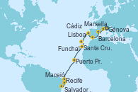 Visitando Génova (Italia), Marsella (Francia), Barcelona, Cádiz (España), Lisboa (Portugal), Funchal (Madeira), Santa Cruz de Tenerife (España), Puerto Praia (Cabo Verde), Recife (Brasil), Maceió (Brasil), Salvador de Bahía (Brasil)