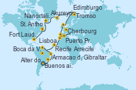 Visitando Buenos aires, Buenos aires, Punta del Este (Uruguay), Río de Janeiro (Brasil), Río de Janeiro (Brasil), Armacao dos Buzios (Brasil), Salvador de Bahía (Brasil), Maceió (Brasil), Recife (Brasil), Fortaleza (Brasil), Santarem (Brasil), Boca da Valeria (Amazonas), Manaos (Brasil), Manaos (Brasil), Parintins (Brasil), Alter do Chao (Brasil), Isla del Diablo (Guyana Francesa/Francia), Mindelo (Cabo Verde), Puerto Praia (Cabo Verde), Banjul (Gambia), Dakar (Senegal), Arrecife (Lanzarote/España), Agadir (Marruecos), Casablanca (Marruecos), Gibraltar (Inglaterra), Barcelona, Barcelona, Cádiz (España), Lisboa (Portugal), Lisboa (Portugal), Puerto Leixões (Portugal), Brest (Francia), Cherbourg (Francia), Zeebrugge (Bruselas), Ijmuiden (Ámsterdam), Edimburgo (Escocia), Eidfjord (Hardangerfjord/Noruega), Trondheim (Noruega), Tromso (Noruega), Honningsvag (Noruega), Djupivogur (Islandia), Akureyri (Islandia), Ísafjörður (Islandia), Reykjavik (Islandia), Reykjavik (Islandia), Nanortalik (Groenlandia), Qaqortoq, Greeland, Paamiut (Groenlandia), St. Anthony (Canadá), St. John´s (Antigua y Barbuda), San Pedro y Miquelón (Francia), Halifax (Canadá), Portland (Maine/Estados Unidos), Boston (Massachusetts), Fort Lauderdale (Florida/EEUU)