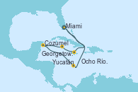 Visitando Miami (Florida/EEUU), Ocho Ríos (Jamaica), Georgetown (Guyana), Cozumel (México), Yucatán (Progreso/México), Miami (Florida/EEUU)