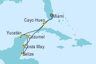 Visitando Miami (Florida/EEUU), Cayo Hueso (Key West/Florida), Costa Maya (México), Belize (Caribe), Cozumel (México), Yucatán (Progreso/México), Miami (Florida/EEUU)