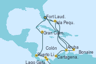 Visitando Fort Lauderdale (Florida/EEUU), Isla Pequeña (San Salvador/Bahamas), Aruba (Antillas), Cartagena de Indias (Colombia), Lago Gatun (Panamá), Colón (Panamá), Puerto Limón (Costa Rica), Gran Caimán (Islas Caimán), Fort Lauderdale (Florida/EEUU), Bonaire (Países Bajos), Aruba (Antillas), Aruba (Antillas), Isla Pequeña (San Salvador/Bahamas), Fort Lauderdale (Florida/EEUU)