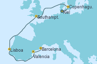 Visitando Kiel (Alemania), Copenhague (Dinamarca), Southampton (Inglaterra), Lisboa (Portugal), Valencia, Barcelona