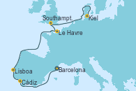 Visitando Barcelona, Cádiz (España), Lisboa (Portugal), Le Havre (Francia), Southampton (Inglaterra), Kiel (Alemania)