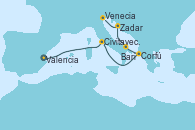 Visitando Valencia, Civitavecchia (Roma), Corfú (Grecia), Bari (Italia), Zadar (Croacia), Venecia (Italia)